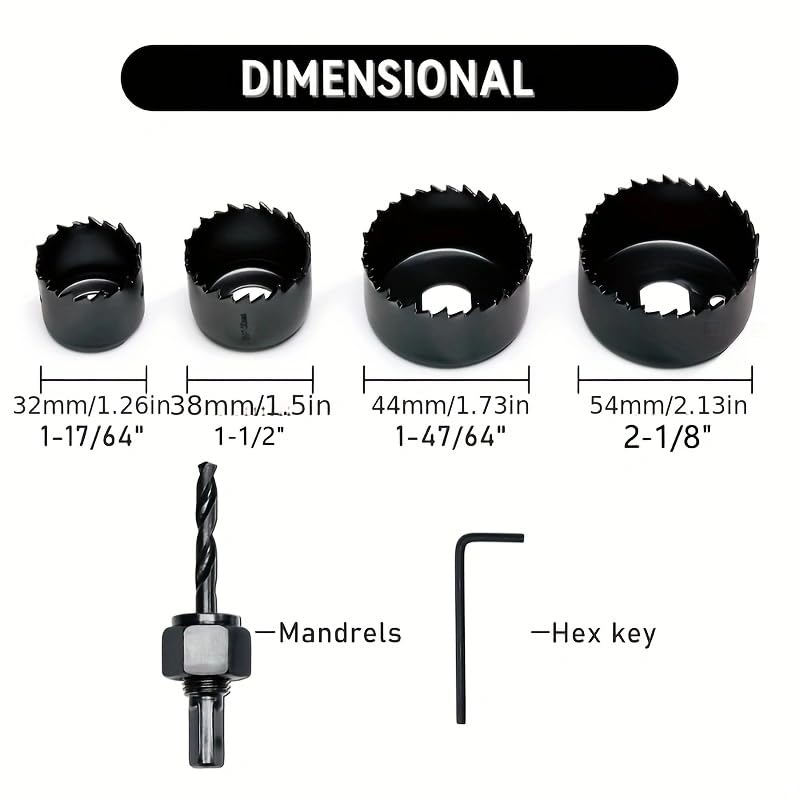 6-Piece Carbon Steel Hole Saw Set, with diameters ranging from 1-1/4 inches to 2-1/8 inches, Includes Shaft, hex Key, and Carbide Saw Blades, Suitable for Wood, PVC, and Plywood.