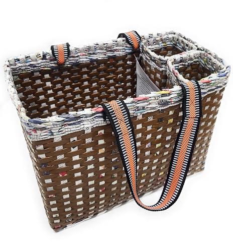 Image of Paperus, Brown Check, Large, Lunch Bag with 2 Bottle Holders, Picnic Basket, Travel Bag, Eco-Friendly, Handmade, of Paper Ropes, Length 14 inch, Height 11 inch & 7 Inch Broad Base