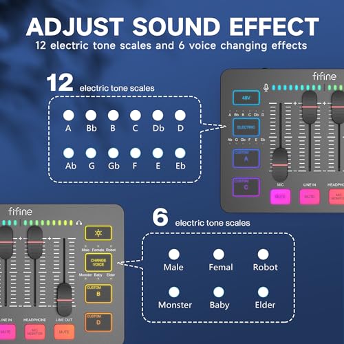 FIFINE Gaming Audio Mixer für PC, RGB Soundkarte für XLR Mikrofon, Audio Interface für Streaming Musiker, Mischpult für Gamer Creators Live YouTube, Individuelle Steuerung, Voice Changer