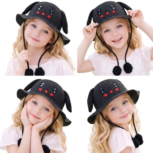 Image of FabSeasons Kids Cute Straw Sun Hat with Moving Ears (Ages 4-8 Years) | UV Protection, Wide Brim, Foldable, Beach Bucket Cap | Girls & Boys Breathable Summer Sun Hat with Inner Adjustable String