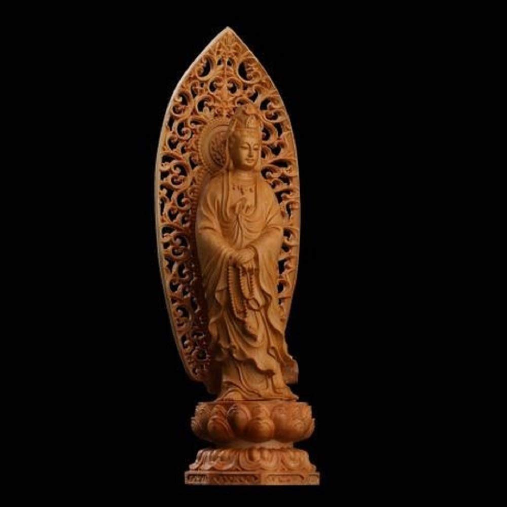 観音菩薩像 透かし背景 仏像 置物 柘植彫刻 風水 守護本尊 仏教美術