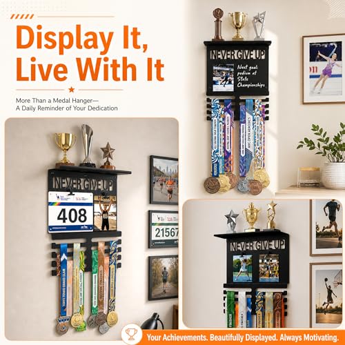 Image of Running Medal Hanger Display with Trophy Shelf, Never Give Up Race Medal Display with Photo or Race Bib Holder, Writable Goal Area, Wall Mounted, Black