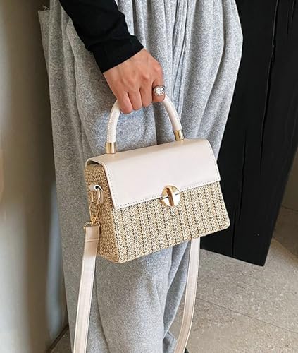 Summer Woven Straw Crossbody Bag Women PU Leather Flap Box Purse Mini Satchel Travel Beach Satchel Handbag2