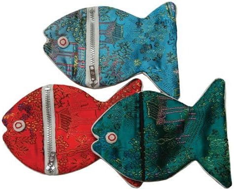 Chinese brocade fish zippered pouch - assorted colors, set 3