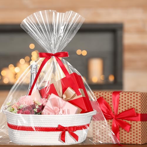 Image of Colingmill 1 Set Woven Basket for Gift Empty with Cellophane Wrap Set 14 x 10 x 5.5 Inch, Medium Decorative Gift Basket Empty to Fill, Cotton Rope Storage Box Decor (White Red)