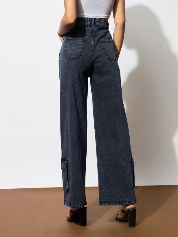 Image of barcino Blue Washed Hem Pocket Stretch Straight Jeans