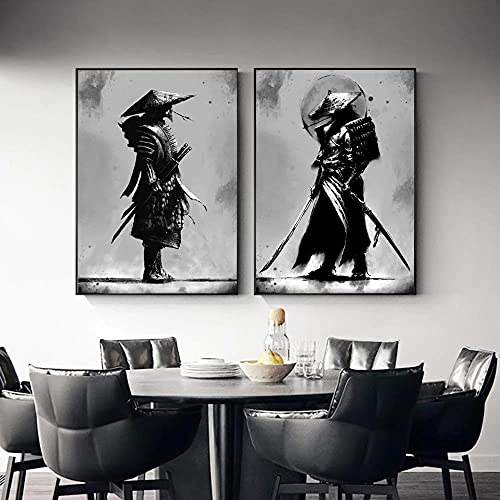 DASHBIG Tableau Décoration Noir et Blanc Japon Samouraï Portrait Mur Art Bushido Toile Peinture Guerriers Japonais Impression sur Toile Affiches pour Salon | 50x70cmx2 Pas de Cadre