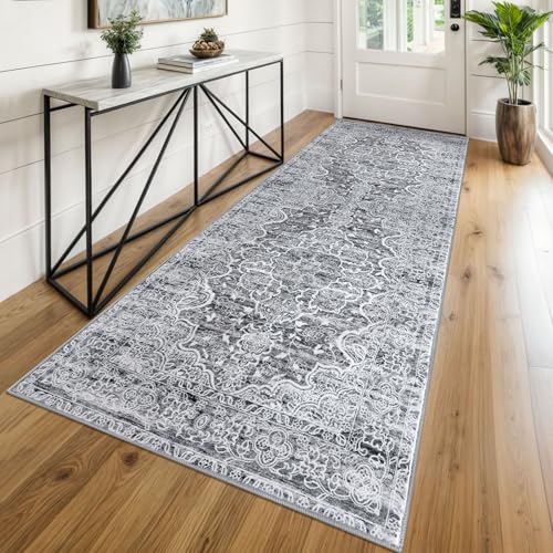 KUTA Washable Kitchen Runner 3x8, Grey White Non Skid Washable 8ft Rug, Printed Vintage Distressed Tribal Area Rugs Ultra Soft Carpet Runners for Bedroom Living Room