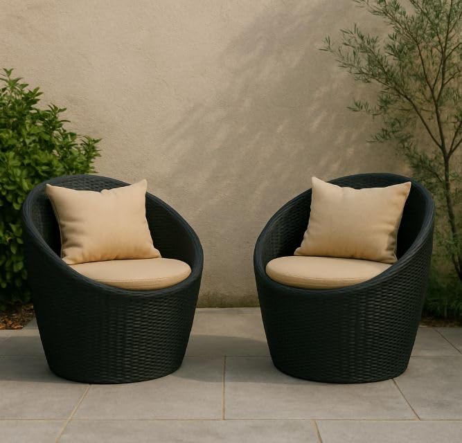 Image of India 2+1 Apple Patio Chair & Table Set with Cushion for Indoor Outdoor Seating Garden Balcony Patio Porch Lawn Living Room Coffee Furniture Set (Black and Cream Cushion)
