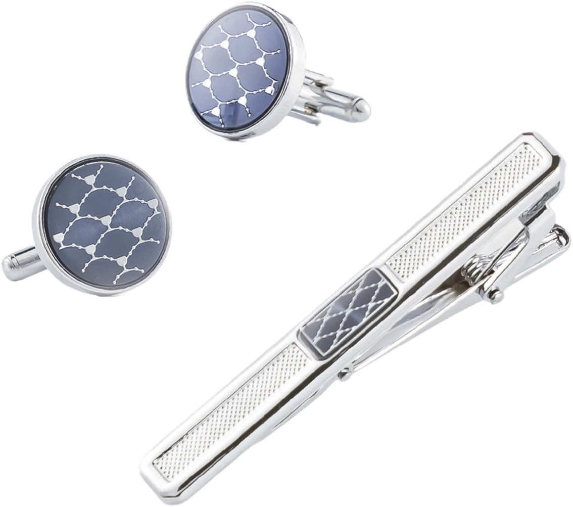 Men's Round Metal Pattern Accessories Tie Clip Cufflink Combination Set