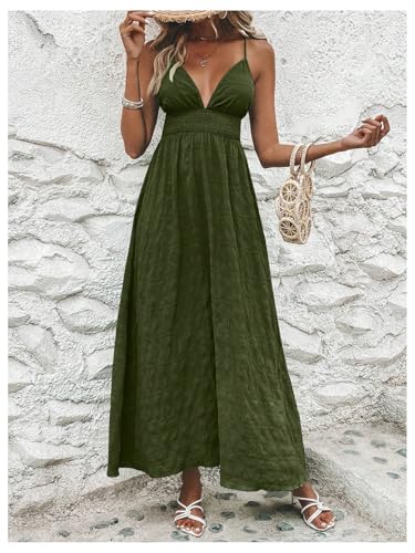 Image of Milumia Women's Summer V Neck Backless Maxi Dress Boho Spaghetti Strap A Line Flowy Beach Long Sundress