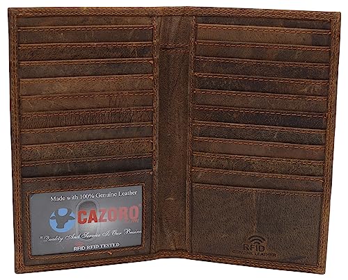 Premium Vintage Leather Long Bifold Credit Card ID RFID Blocking Wallet for Men Women (Brown)