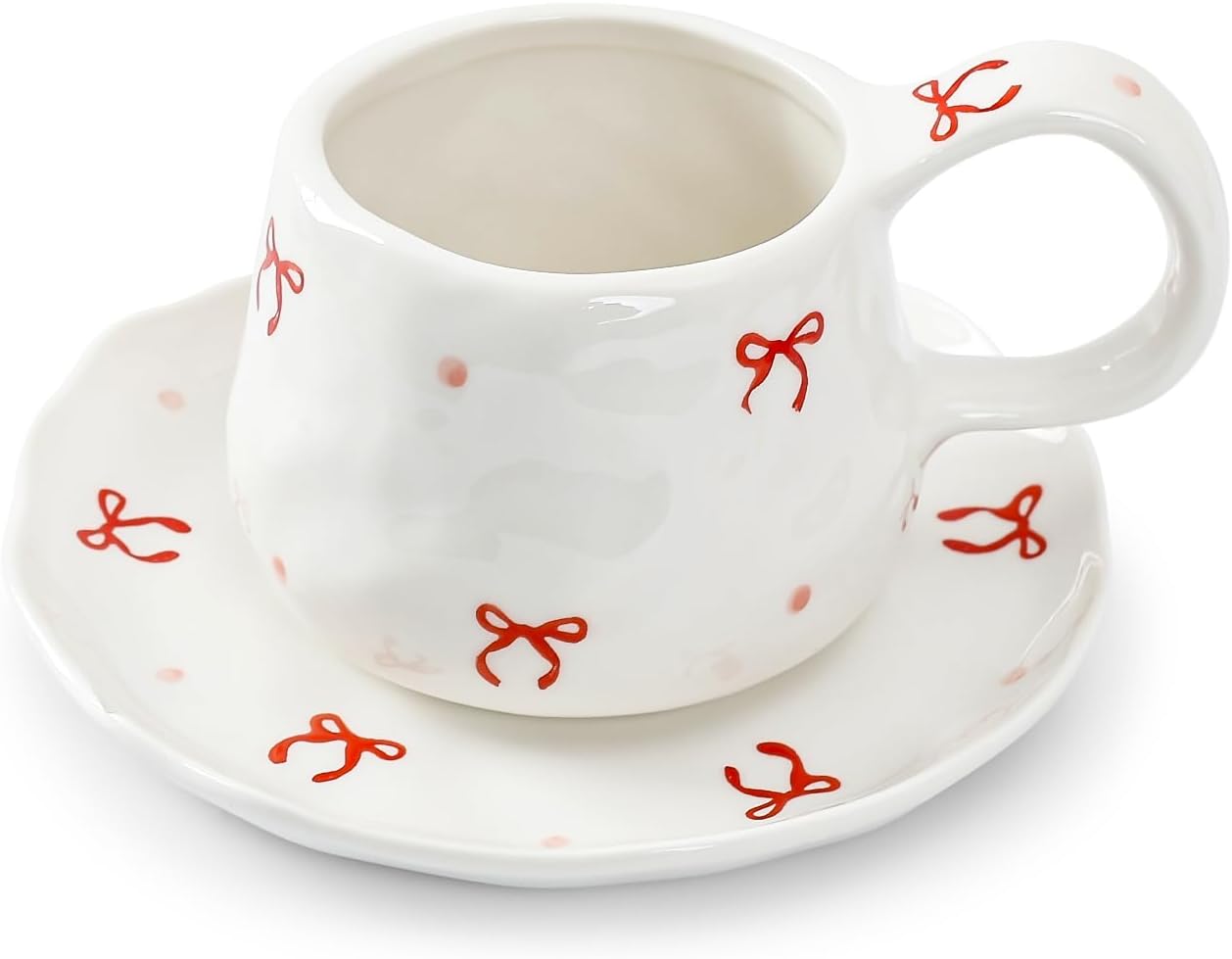 Koythin Ceramic Coffee Mugs Set with Saucer, 250ml / 8oz Cute Floral Coffee Mug Irregular Latte Art Cup, Coquette Cups for Cappuccino, Cocoa (Bow)