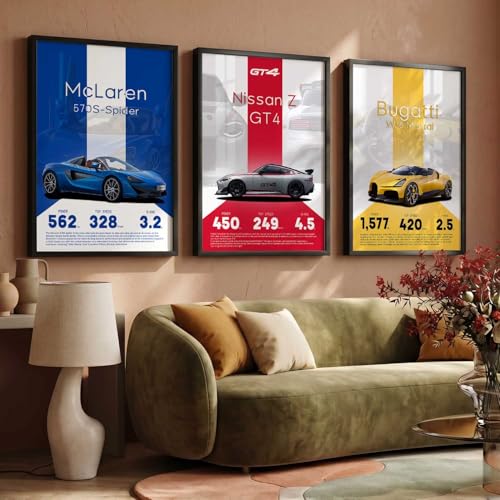 Image of walllane Big Nissan, McLaren, Bugatti Cars Framed Posters Gift Items for Boys Room Wall Decoration Bedroom Living Room Office Studio Decor | Car Poster Frame for Wall Decor Set Of 3 Size (13x17 inch)