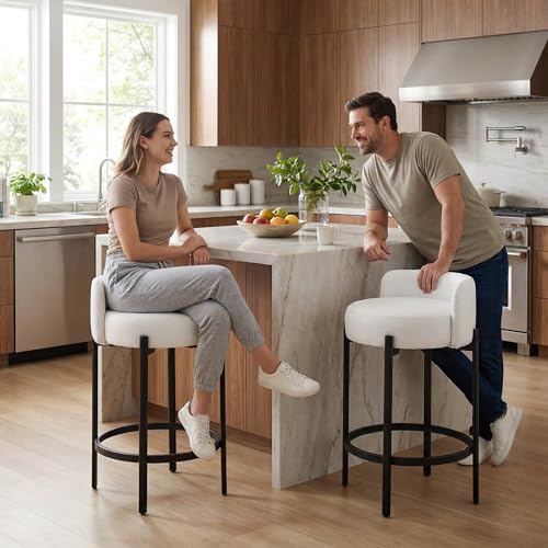 Image of LukeAlon Modern PU Leather Counter Stools Set of 4, Upholstered 26 inch Seat Height Barstools with Black Metal Legs Round Low Back Kitchen Stools with Footrest for Dining Room Small Places, Cream White