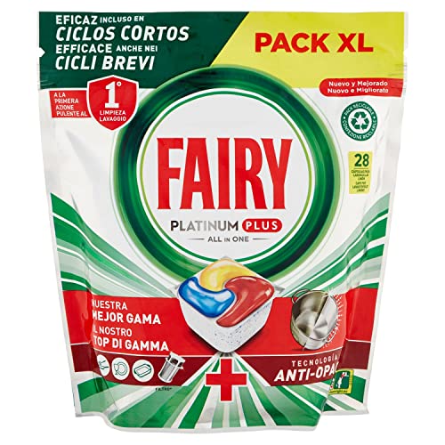 Fairy Platinum Plus - Detergente para pastillas para lavavajillas, brillo, 28 cápsulas para lavavajillas, limón, tecnología anti-mate, contra la grasa y las roturas persistentes, incluso en ciclos