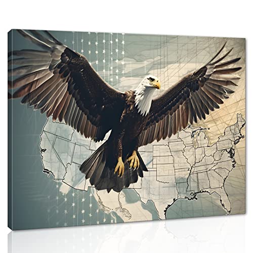 American Map Wall Art Canvas Paintings Flying Eagle Artwork Framed Ready to Hang-24x18 inches