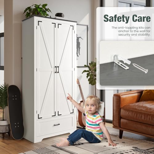 Pamapic Farmhouse Kitchen Pantry Cabinet - 71" Tall Wooden Storage Cabinets with 2 Barn Doors, Versatile Storage Cabinet with Shelves & Drawers for Dining Room, Bathroom,White