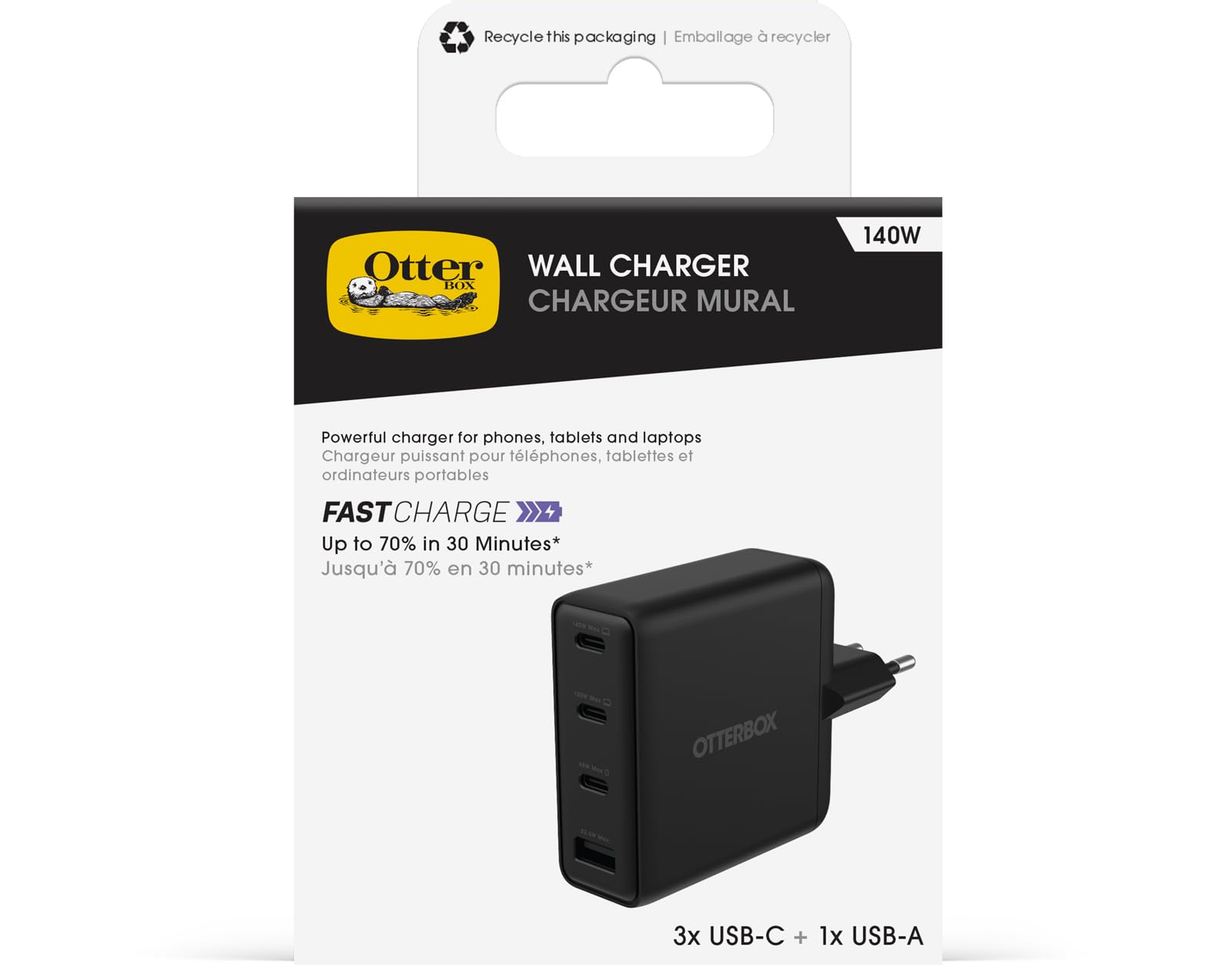 OtterBox Caricatore Murale Standard EU 140W USB-C, 4 Porte, Nero
