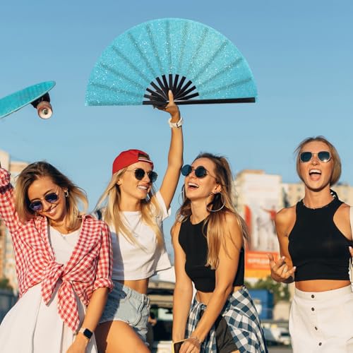 Image of Vercraft 13'' Large Rave Fan for Women Rave Accessories Festival Outfits Glitter Hand Folding Clack Fan for Line Dancing EDM Music Festival Outfits(Sky Blue)