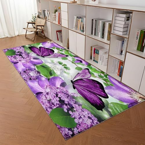 Tapis fleurs et papillon 3D lavable en machine à poils ras doux