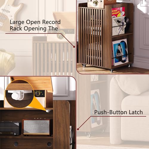 WLLPNG 5-Tier Media Cabinet with Stereo & Vinyl Record Storage, Rolling Stereo Cabinet with Adjustable Shelves and Cable Management, AV Media Stand for Living Gaming Room (Walnut) - Thumbnail 7