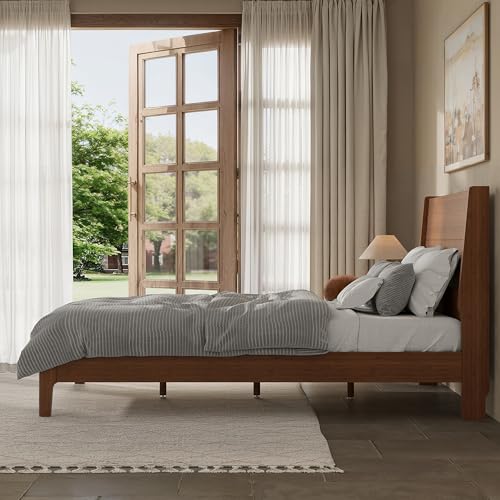 Image of Bellemave Full Size Bamboo Bed Frame with Headboard,Bamboo Platform Bed Frame Full Size with Tall Headboard and Wood Slats,Easy Assembly,Warm Brown