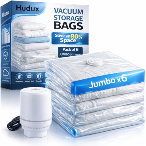 Image of Pack Of 6 Jumbo 70 x 100cm Vacuum Bags With Electric Pump for Clothes,Blankets,Pillows, Bedding,Airtight Reusable Packing Bags,Space Saver Bag,Vacuum Storage Compression Ziplock Bags