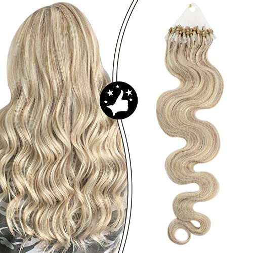 Moresoo Micro Loop Human Hair Extensions 20 Inch Blonde Hair Extensions Wavy Microlink Hair Extensions Color #18 Ash Blonde Mixed #613 Bleach Blonde Hair Extensions 50g 50s Microlink Hair