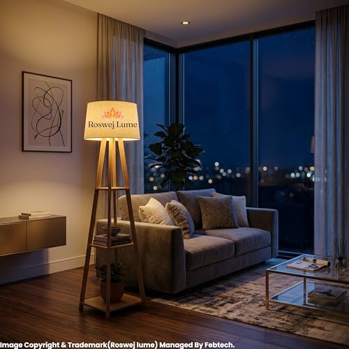 Image of Modern Wooden Triangle Floor Lamp with Shelves - 3-Tier Standing Lamp with Fabric Shade, Corner Shelf Light for Living Room, Bedroom, Study - Space Saving Decorative Lamp with Plant Stand...