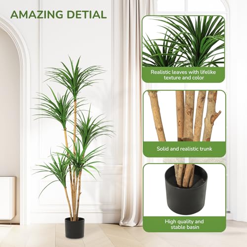 5 Ft Artificial Dracaena Tree, Realistic Fake Dracaena Plant, Tall Dracaena Houseplant for Indoor Décor, Adjustable Lifelike Faux Tree, Ideal for Photo Backdrops, Nursery, Living Room, Office