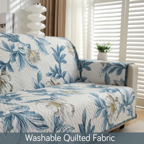 Image of Printed Quilted Sofa Mat for 3 Seater - Floral Design Slipcover with Armrest, Pockets on Both Sides, Fully Covered Sofa Protector - Blue