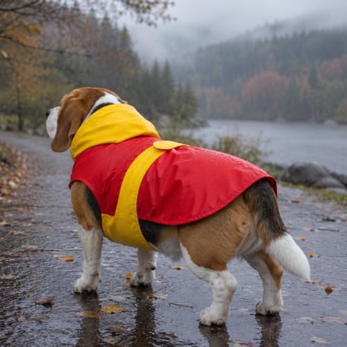 Image of Waterproof Dog Raincoat with Hood | Double Coloured Red-Yellow | Adjustable Velcro | Extra Coverage | Easy to Carry Pouch | for Small, Medium and Large Breed Dogs