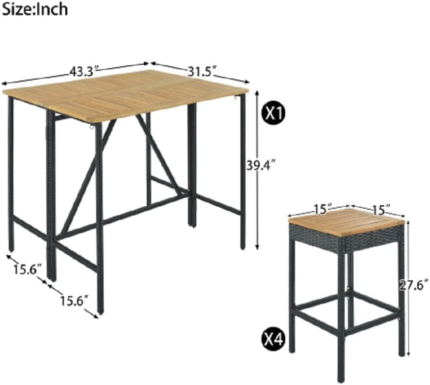 PE Rattan Wicker Dining Table with an Acacia Wood Tabletop 5-Piece Garden Wicker Bar Set