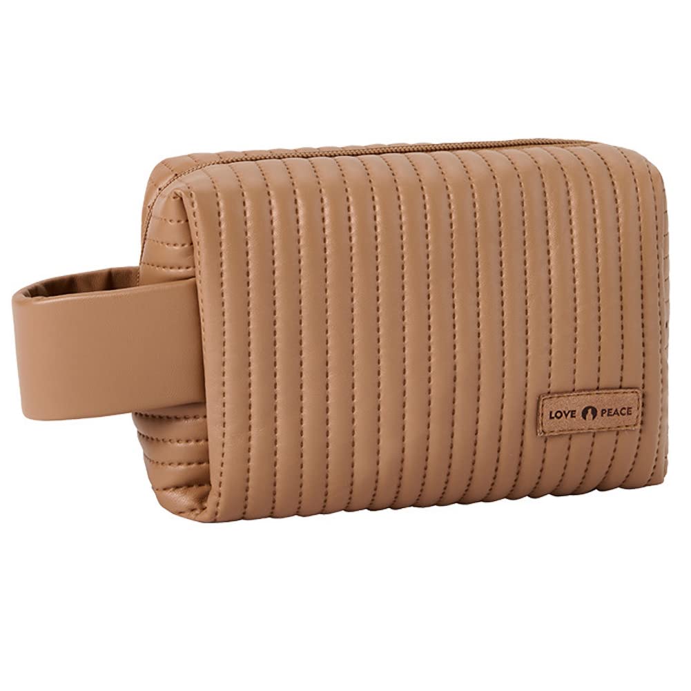 kamumanni "Frenchie Zip Makeup Bag - Small, Elegant Coffee PU Leather Cosmetic Bag for Women, Travel-Friendly with Wide Handle