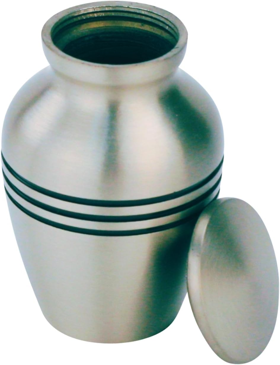 Classic Three Bands Pewter Urn for Ashes - Mini Size Brass Memorial Urn, Gray Silver Design, 3.5 Cubic Inches, 2.75 Inch Funeral Urn