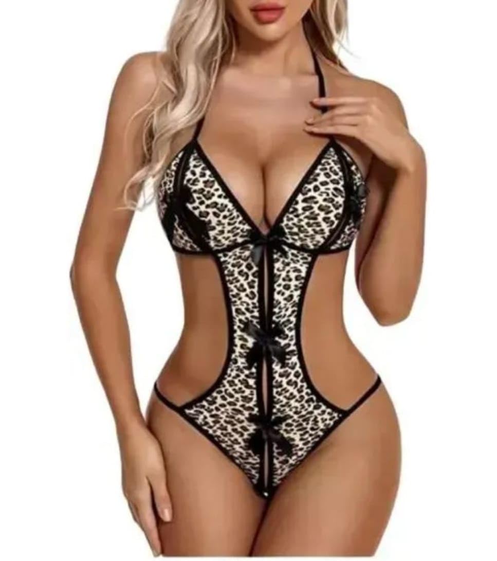 fabricsout Women's Leopard Print Teddy Bodysuit, Halter Neck, Cut-Out, Deep V, Bow Detail Lingerie-picture-39