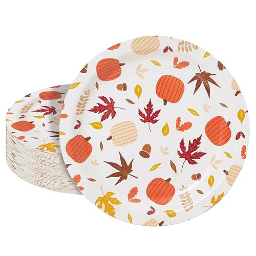 Juvale 80 Pack Paper Plates - 9-Inch Multicolor Autumn Leaves & Pumpkin Design - Sturdy Heavy-Duty Disposable Dinner Plates for Fall Parties & Gatherings