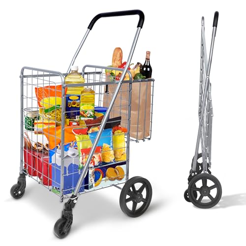 Whitmor Carrito de Compras Plegable utilitario, Carrito de comestibles Resistente de 115 litros con Doble Canasta, Ruedas giratorias de 360°, Carrito utilitario Plegable con Ruedas, Capacidad de 110
