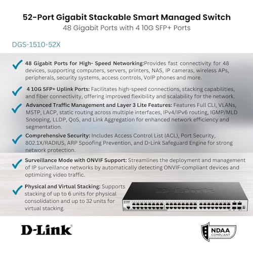 Image of D-Link 52-Port Gigabit Stackable Smart Managed Switch with 10G Uplinks | 48 Gigabit Ports + 4 10GbE SFP+ Ports| L2+ /L3 Lite |VLANs |Web Managed |Surveillance Mode |NDAA Compliant (DGS-1510-52X)