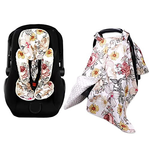 Image of Floral Car Seat Insert,Cushion for Stroller, Swing, Bouncer, 2-in-1 Reversible, Floral Baby Car Seat Canopy Soft Minky Plush Dotted Backing Baby Car Seat Cover Girls, Infant Carseat Canopy