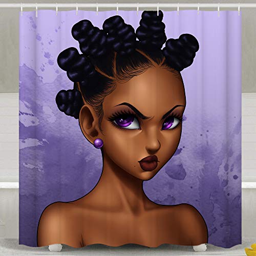 SARA NELL African American Anime Girl Angry Face Purple Shower Curtain,Black Afro Girl Magic Shower Curtain,Bathroom Curtains for Girls, Fabric Shower Curtains Hooks for Home Decor Gifts, 72"x72"