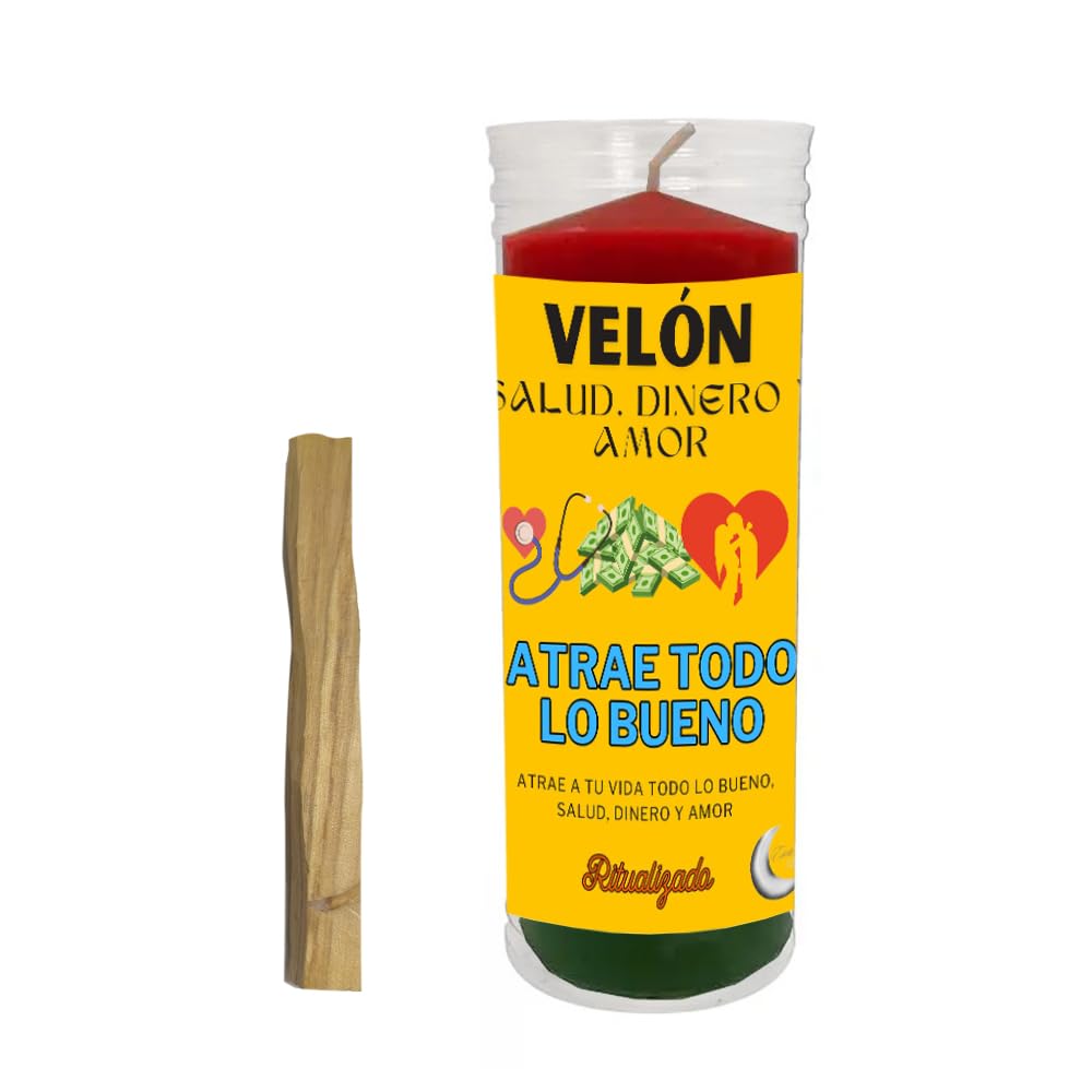 Velón ritualizado de la salud, dinero y amor 3 colores, rojo, amarillo y verde - Con 1 palo de Palo Santo - Producto esotérico