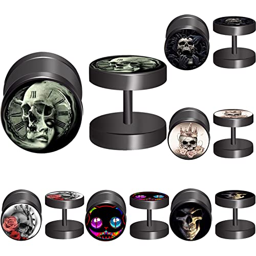 FLYUN 6Pairs Skull Mens Earrings Fake Gauge Earrings Fake Plugs Earring for Men Men’s Black Studs Earrings with Screw Flat Backs Surgical Steel - Main Image