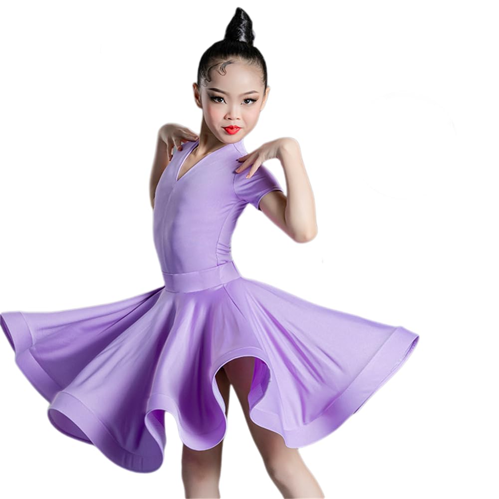 Hwbzszy Boys Purple Pleated Standard Latin Dance Dress For Girls - Children V-Neck Ballroom Performance Practice Outfit Salsa Rumba Cha Cha Samba Tango Competition Top Skirt,,140Cm