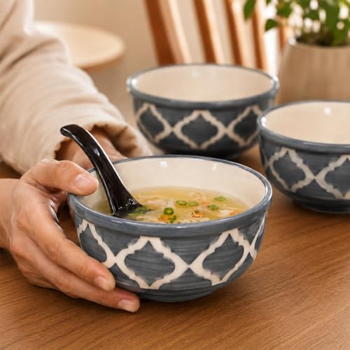 Image of The Earth Store Ceramic Bowl Set of 6 with Spoon, 300ML | Grey Moroccan Ceramic Bowl Set |Microwave & Dishwasher Safe Stylish Snack Bowl Set for Home, Office & Gifting