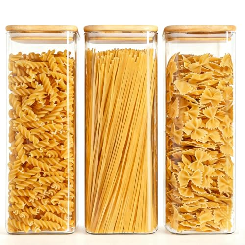 Image of ComSaf 2.1L Glass Spaghetti Storage Jar, Pasta Storage Containers Pack of 3 | Glass Jars with Bamboo Lids for Pasta, Cereal & Dry Food, Kitchen Storage Containers for Home Cooks, Pantry Organization