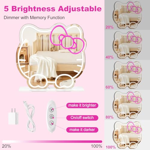 Image of Hello Kit Vanity Mirror with Lights, Pink Room Decor for Girls, Neon Sign Led Wall Mirror with Base Suitable for Desktops, Wall, Bedrooms Decor, Children'S Favorite Anime Neon Mirrors with Dimmable