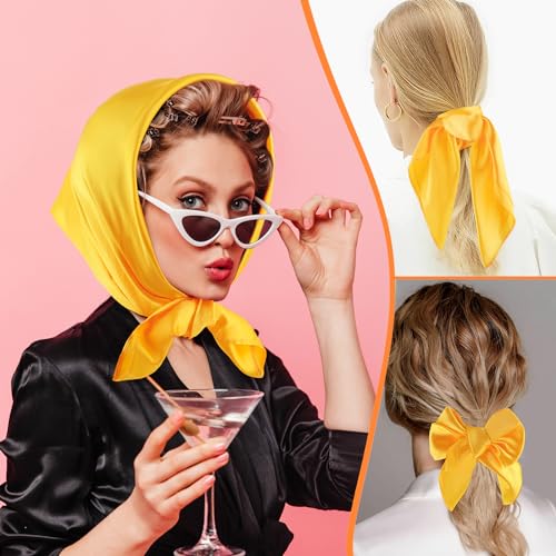 simarro Damen Seidiger Quadratischer Schal, Damen Einfarbige Halstuch Seidenähnliches Satin Tuch Seidentücher Chiffon Schals Kopftuch, 60 x 60 cm(Gelb)