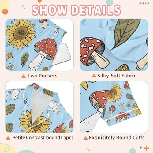 senya Mushroom and Sunflower Satin Summer Pajama Sets Silk Short Sleeve Button Down Sleepwear3